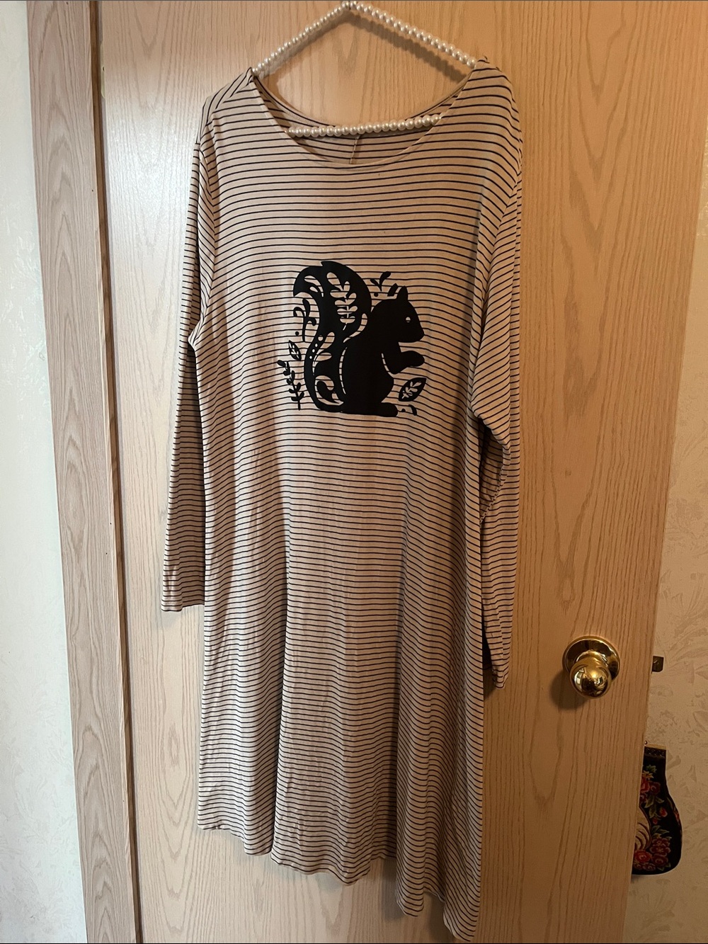Source Unknown Beige and Black Striped Long Sleeve Dress with Squirrel Print